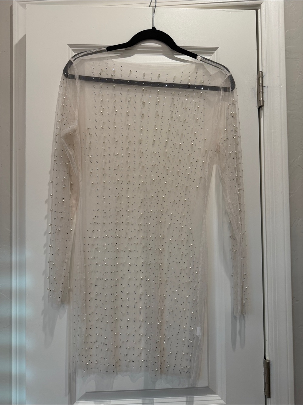 Beaded Sheer Long Sleeve Dress in Ivory